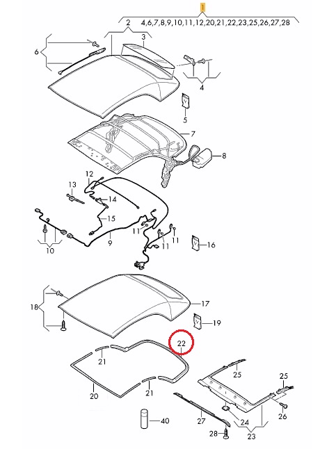 Afdicht rubber cabriodak achter zijde Audi A3  2013 - 2021